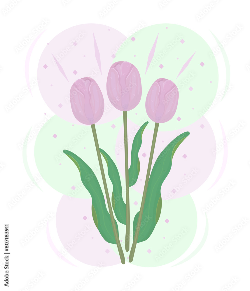 Three pink tulips and ice cream balls, color illustration in green and pink shades
