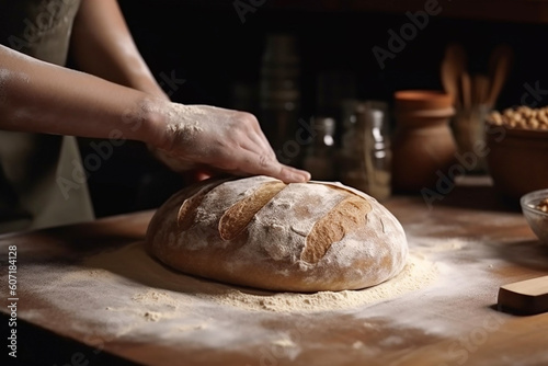 Making homemade bread, hands closeup. Generative AI