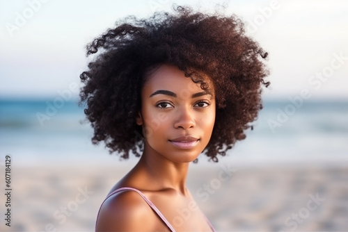 Young pretty afro-american woman on a beach. Generative AI