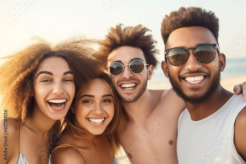 Happy young friends on the beach. Generative AI