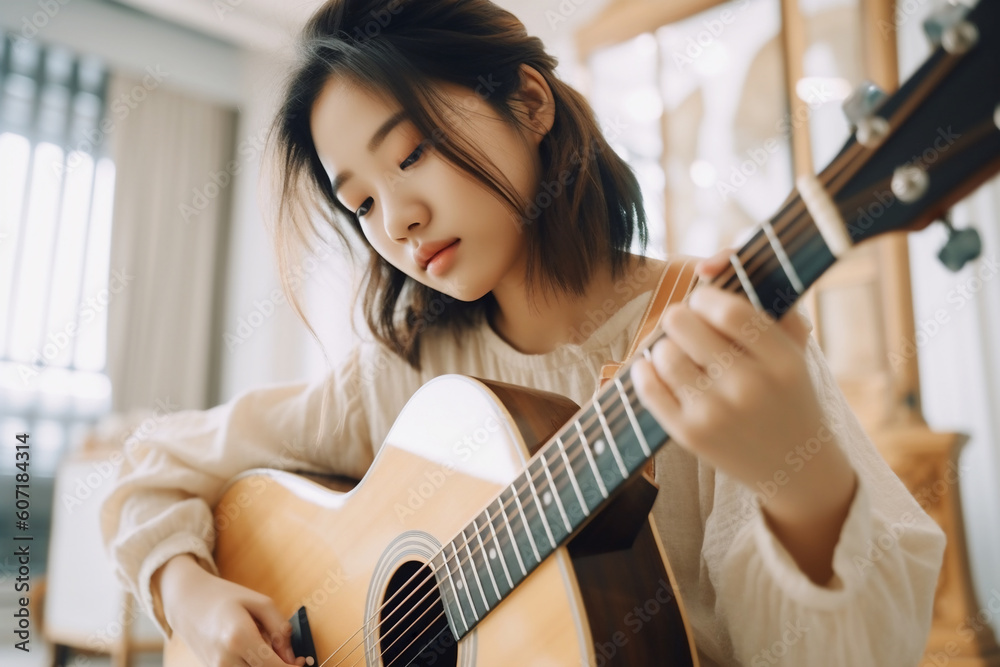 Fototapeta premium Beautiful, charming Japanese girl playing, practicing acoustic guitar in her cozy bedroom with concentration in natural light from window
