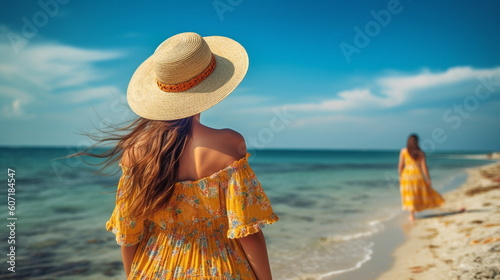 young woman  relax on  sand  beach ,wooden boat , at sea blue sky and water wave ,generated ai