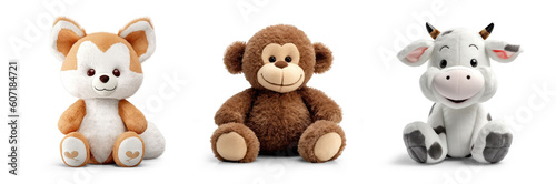 cutout set of 3 stuffed animal toys isolated on transparent png background - Generative AI