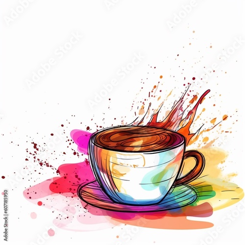 Coffee splash, still life illustration, drawing in vibrantly colors, on a white background