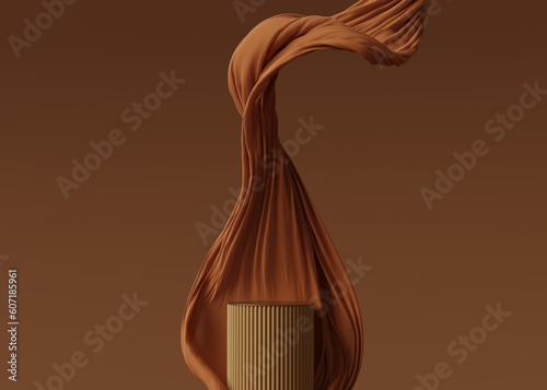 3D display podium brown background. Luxury flying cloth in motion. Glamour minimal gold pedestal for beauty, cosmetic product presentation. Feminine copy space, dark, brown template, studio 3d render