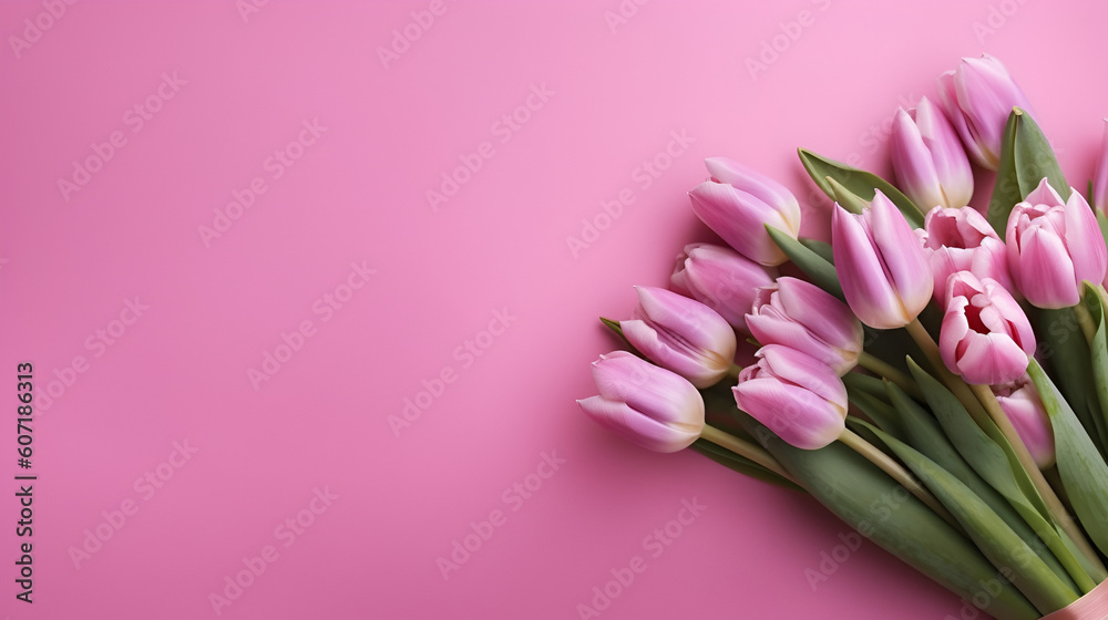 Beautiful bouquet of colorful tulip flowers on pink background, top view. Space for text Generative AI Beautiful bouquet of colorful tulip flowers on pink background, top view. Space for text Generative AI