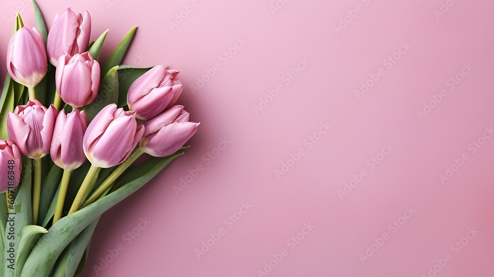 Beautiful bouquet of colorful tulip flowers on pink background, top view. Space for text Generative AI Beautiful bouquet of colorful tulip flowers on pink background, top view. Space for text Generative AI