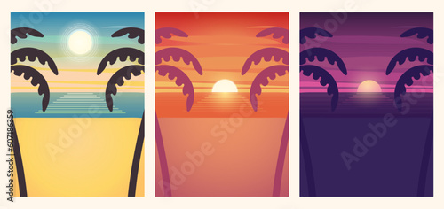 Set of 3 summer beach illustrations. Day, evening, night. Vector posters or backgrounds to put your own text