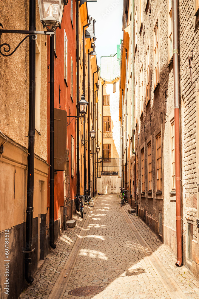 Fototapeta premium A narrow street in the old town of Stockholm, Sweden