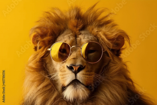 A lion with a wild and untamed spirit wears cool shades against a bright yellow background. He is a symbol of courage and strength, and a force to be reckoned with. AI Generative.