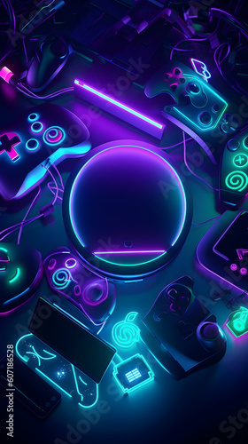 Abstract vertical gaming background with neon lights. Generative AI