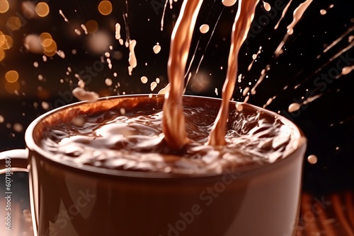 Close-up image of a hot cup of cocoa being poured, capturing the swirling motion and the splashes of chocolate as it fills the cup. Generative AI