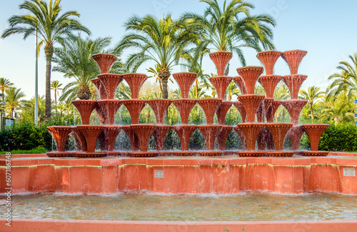 Fountain Glorieta in the palm grove park in Elche, Alicante province, Spain.