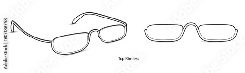 Top Rimless frame glasses fashion accessory illustration. Sunglass front and 3-4 view for Men, women, unisex silhouette style, flat rim spectacles eyeglasses with lens sketch outline isolated on white