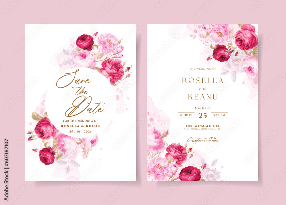 Watercolor wedding invitation with romantic pink flower