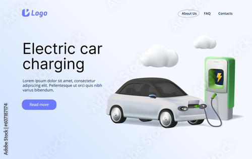 Electric car on charging station website 3D illustration vector. Electric car inserts the electrical connector to charge the batteries. Banner, advertising