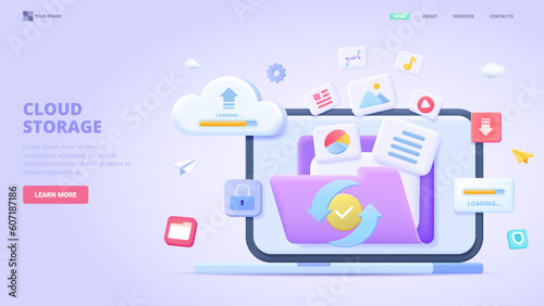 Transfer files, safe cloud storage, data synchronisation, device move file to secure cloud storage. Three dimensional design concept for landing page. 3d vector illustration for website, print, banner