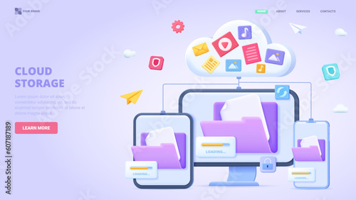 Transfer files, cloud storage, data synchronisation, devices move file to cloud storage. Three dimensional design concept for landing page. 3d vector illustration for website, print, banner