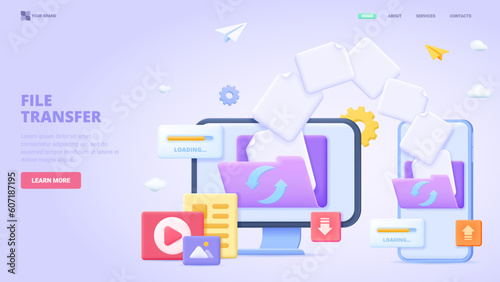 Data share by wifi, file transfer between devices,  remote folder, internet connection. Three dimensional design concept for landing page. 3d vector illustration for website, print, banner