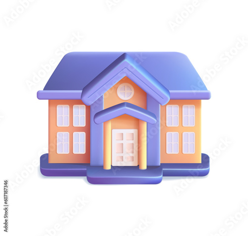 3D modern School icon. School with a green lawn. Icon. 3D render vector illustration isolated on white background. High School Modern Simple Vector Icon