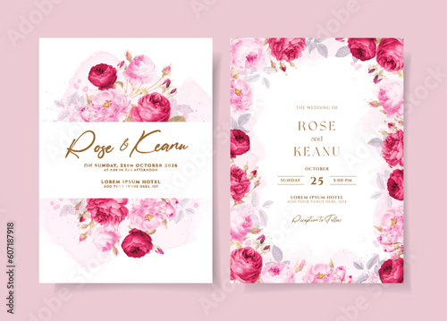 Watercolor wedding invitation with romantic pink flower