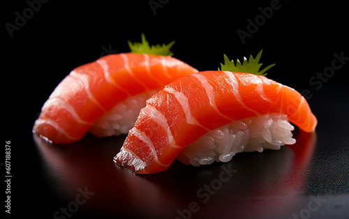 Japanese sushi, [salmon nigiri] An astonishing picture portraying the irresistible and succulent flavors of two pieces of salmon nigiri, showcasing the mastery of food photography and go Generative AI