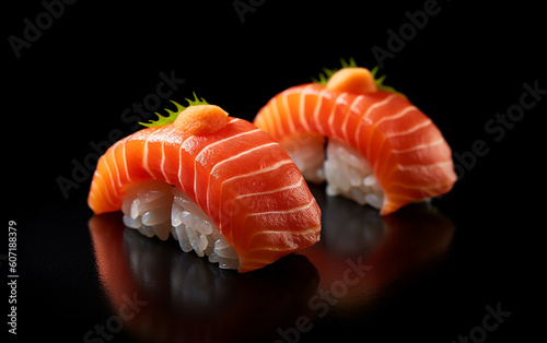 Japanese sushi, [salmon nigiri] An enchanting photography that flawlessly depicts the scrumptious and juicy qualities of a pair of salmon nigiri, highlighting the artistry of food photog Generative AI