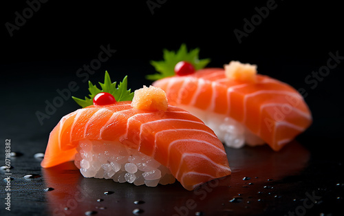Japanese sushi, [salmon nigiri] A captivating image capturing the delectable and succulent essence of two pieces of salmon nigiri, exemplifying the skill of food photography and gourmet Generative AI