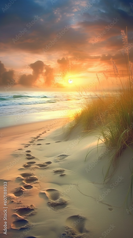 Footprints in the sand at sunset. Generative AI