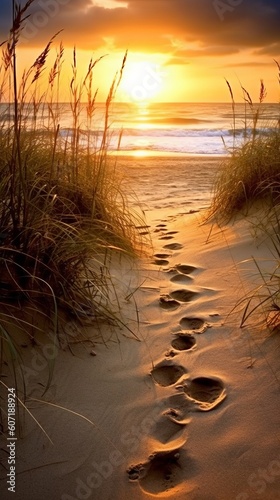 Footprints in the sand at sunset. Generative AI