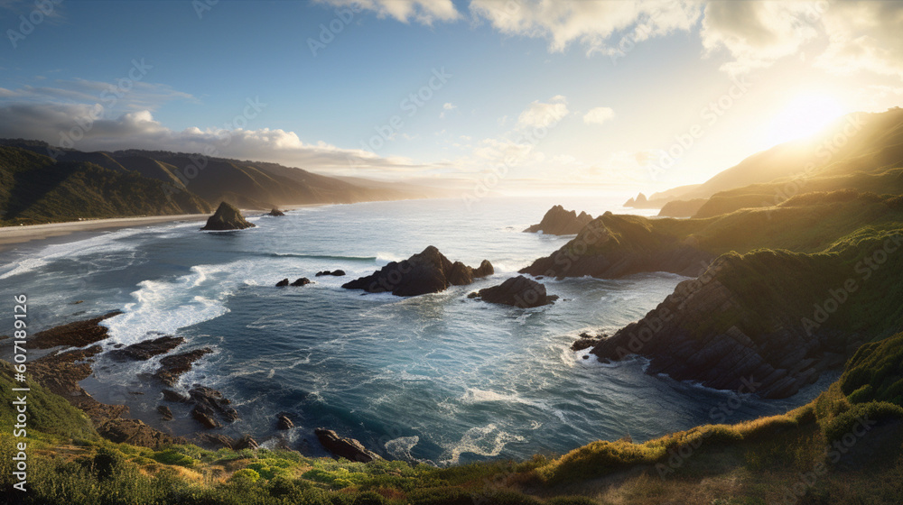 Obraz premium Tranquil beauty of coastal landscape. Made by generative AI.