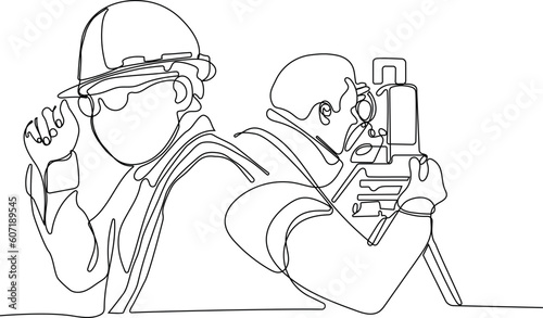 Close up of Caucasian worker with helmet on head using tablet for work while standing in warehouse. Surveyor with a tripod icon. Geodesic tripod. Vector illustration