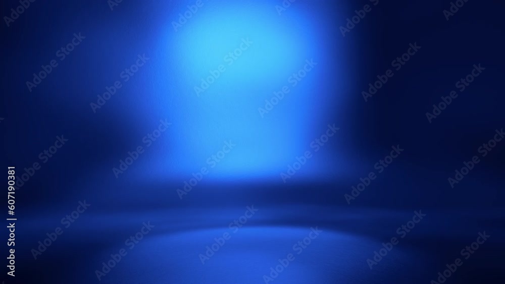 Empty space 3d render abstract background with bright blue moving lights. Product stage motion texture template for commercial presentation. Showroom animated illumination. Seamless loop.
