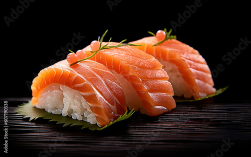  Japanese sushi, [salmon nigiri]  A stunning image showcasing the culinary artistry involved in creating three delectable salmon nigiri sushi, a true feast for the eyes and palate.　Generative A