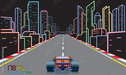 Pixelated retro arcade racing car formula. pixel night city background