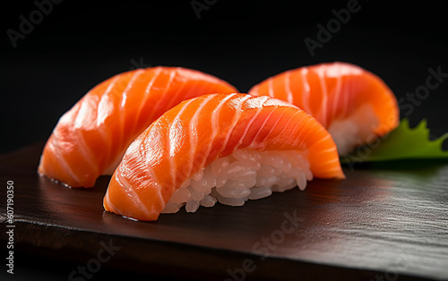  Japanese sushi, [salmon nigiri] An impressive visual representation of three juicy salmon nigiri sushi, expertly photographed to showcase the gourmet aspect of the culinary masterpiece. Generative A
