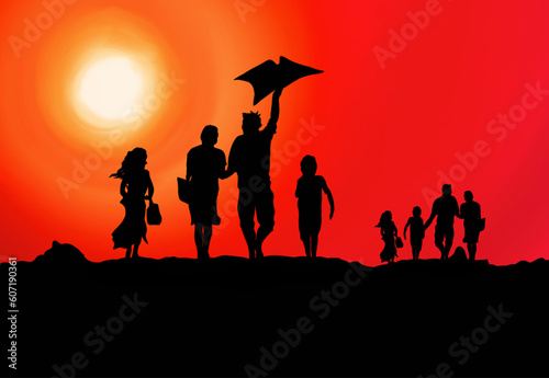 silhouette of family having fun with sunset background