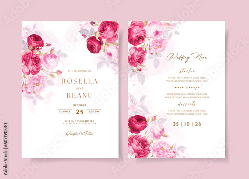 A watercolor wedding invitation card template with pink and red flowers decoration