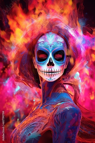 Beautiful Pink Mexican Catrina Model. Day of the Deaths made with Generative AI