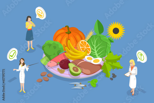 3D Isometric Flat Vector Conceptual Illustration of Folate B9 Vitamin Sources, Folic Acid