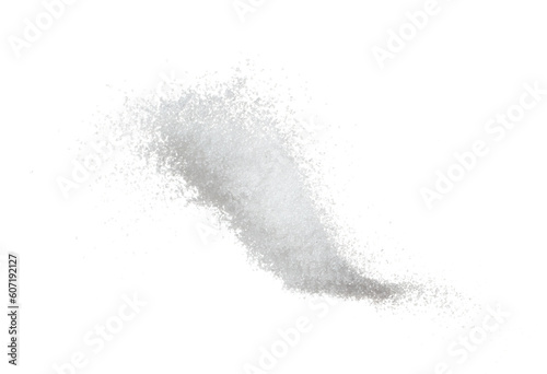 Pure Refined Sugar flying explosion, white crystal sugar abstract cloud fly. Pure refined sugar splash stop in air, food object design. white background isolated high speed freeze motion