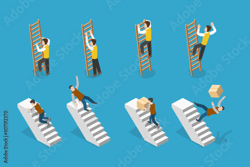 3D Isometric Flat Vector Conceptual Illustration of Climbing Staircase and Ladder, Failure, Misfortune or Fiasco