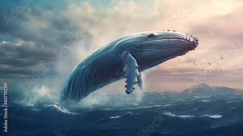 Blue whale fish jumping out of ocean water Generative AI © kitti