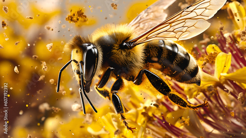 Close up of a bumble bee with yellow flower pollen explosion Generative AI