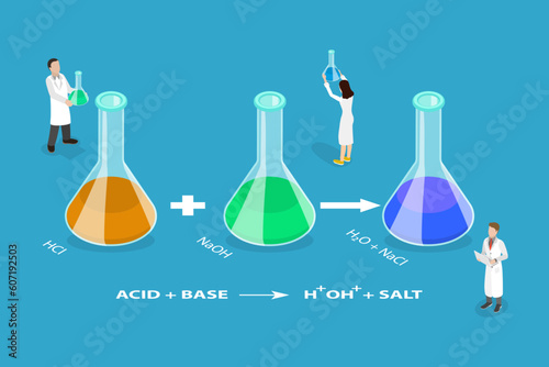 3D Isometric Flat Vector Conceptual Illustration of Neutralisation Reaction, Producing a Salt and Water