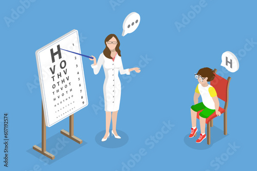 3D Isometric Flat Vector Conceptual Illustration of Kids Myopia, Eyes Examination or Checkup