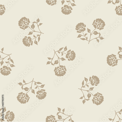 Quirky floral rose lino cut motif vector pattern. Seamless decoration of whimsical foliate design for scandi background. 