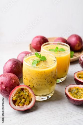 Fresh passion fruit smoothie drink in summer season