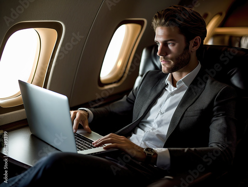 businessman seated in a luxurious first-class cabin, engrossed in his work while traveling by airplane. © Falk