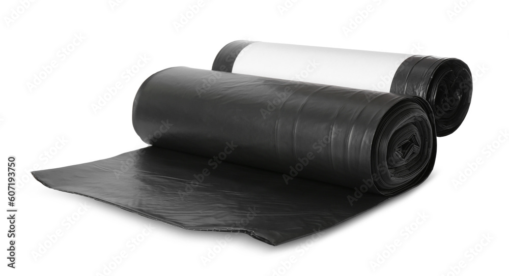 Rolls of black garbage bags isolated on white Rolls of black garbage bags isolated on white